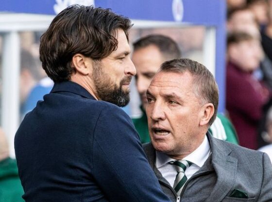 GLASGOW, SCOTLAND - AUGUST 31: Rangers head coach Russell Martin (L) and Celtic manager Brendan Rodgers before a William Hill Premiership match between Rangers and Celtic at Ibrox Stadium, on August 31, 2025, in Glasgow, Scotland. (Photo by Alan Harvey / SNS Group)