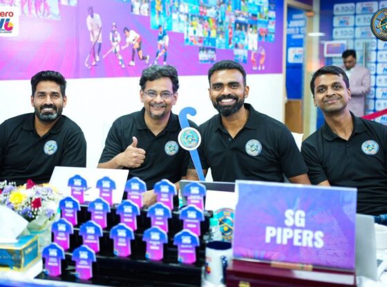 Sreejesh with the SG Pipers team at the auction - Source: Hockey India