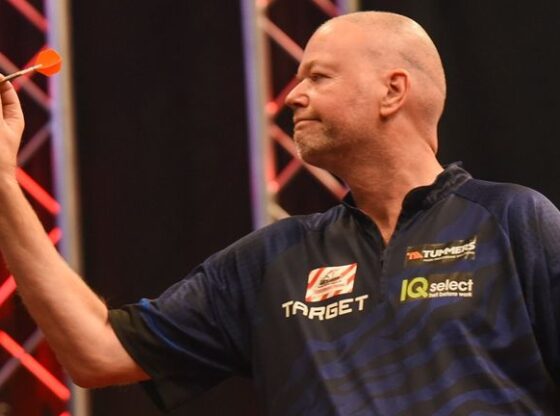 Raymond van Barneveld in action at the Swiss Darts Trophy  (Pic: Jan Thoden/PDC Europe)