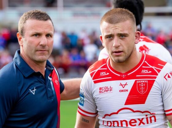 Picture by Allan McKenzie/SWpix.com - 07/09/2025 - Rugby League - Betfred Super League Round 25 - Hull KR v Hull FC - Sewell Group Craven Park, Hull, England - Hull KR's coach Willie Peters and Mikey Lewis after victory over Hull FC.