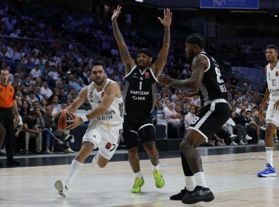 Real Madrid player Facundo Campazzo (left) goes to the basket against Partizan Mozzart Bet Belgrade player Iffe Lundberg, during the match corresponding to the regular phase of the Euroleague that they played at the Movistar Arena, in Madrid. EFE/Juanjo Martín