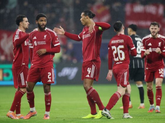 FRANKFURT AM MAIN, GERMANY - OCTOBER 22: Curtis Jones, Joe Gomez, Andrew Robertson and Virgil van Dijk of Liverpool celebrate after the team's victory during the UEFA Champions League 2025/26 League Phase MD3 match between Eintracht Frankfurt and Liverpool FC at Frankfurt Stadion on October 22, 2025 in Frankfurt am Main, Germany. (Photo by Alex Grimm/Getty Images)