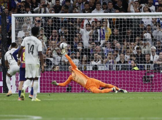 Real Madrid forward Kylian Mbappé, after taking the penalty saved by Barcelona goalkeeper Wojciech Szczesny