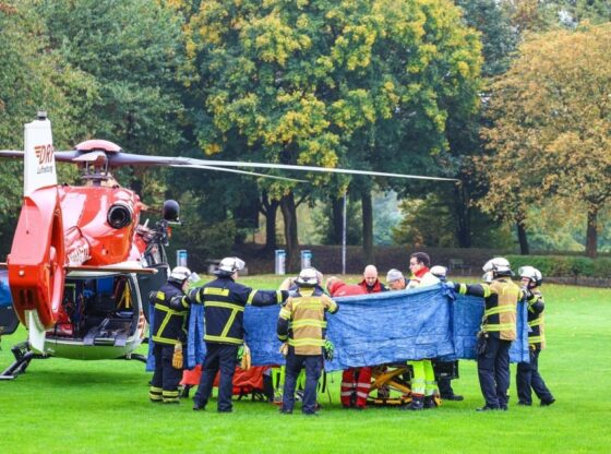 Emergency services attend to a critically injured person by a rescue helicopter in Herdecke.