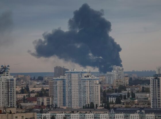 Smoke rises above the city of Kyiv after Russian drone and missile strikes.