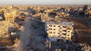 A drone view shows the destruction in a residential neighborhood, in Gaza City.