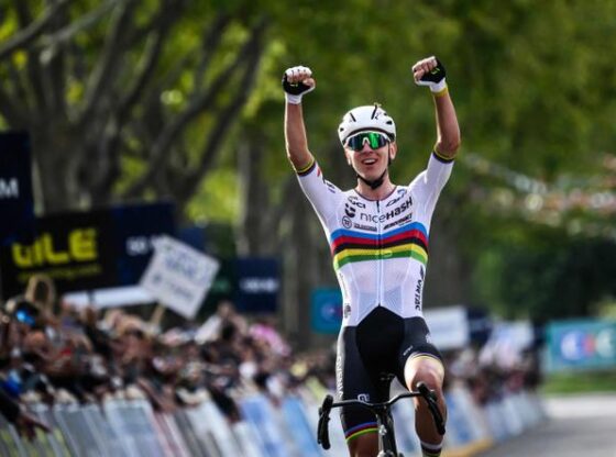 Slovenian rider Tadej Pogacar celebrates as he wins the the men's Elite Road Race at the European Cycling Championship 2025 near Valence, southeastern France on October 5, 2025.