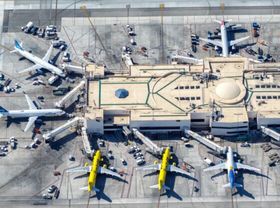 Los Angeles, United States - November 4, 2022: Airplanes from jetBlue and Spirit Airlines at Los Angeles Airport (LAX) aerial view in the United States.