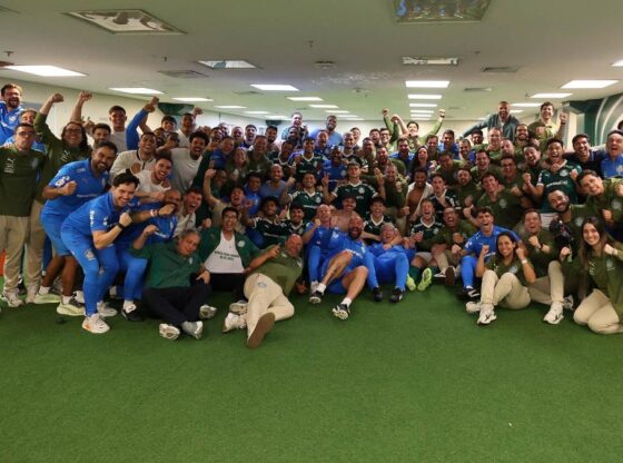 Palmeiras players celebrate their place in the final of the Copa Libertadores