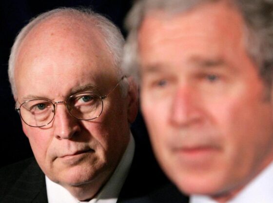 Dick Cheney oversees a speech by President Bush in Washington in 2007.