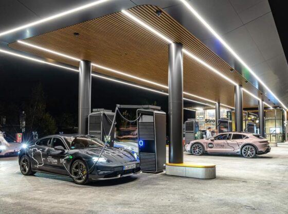 Porsche Taycan at a charging station.