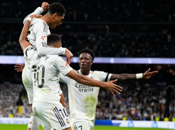 Bellingham, Mbappé and Vinicius celebrate a goal against Valencia.