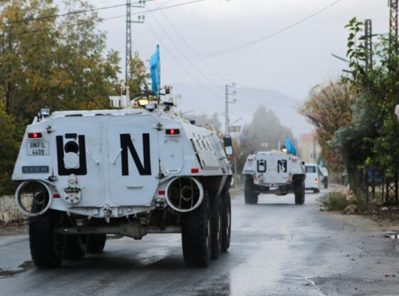UN peacekeepers (UNIFIL) vehicles ride along a street amid ongoing hostilities between Hezbollah and Israeli forces, in Marjayoun, near the border with Israel, southern Lebanon November 19, 2024. REUTERS/Karamallah Daher