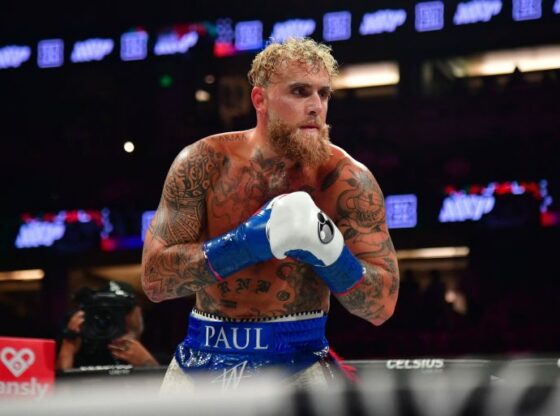 Jun 28, 2025; Anaheim, California, USA; Jake Paul fights against Julio Cesar Chavez Jr. at Honda Center. Mandatory Credit: Gary A. Vasquez-Imagn Images