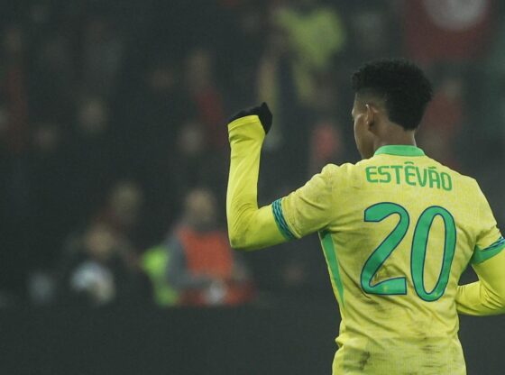 Estevao, celebrating a goal with the Brazilian team