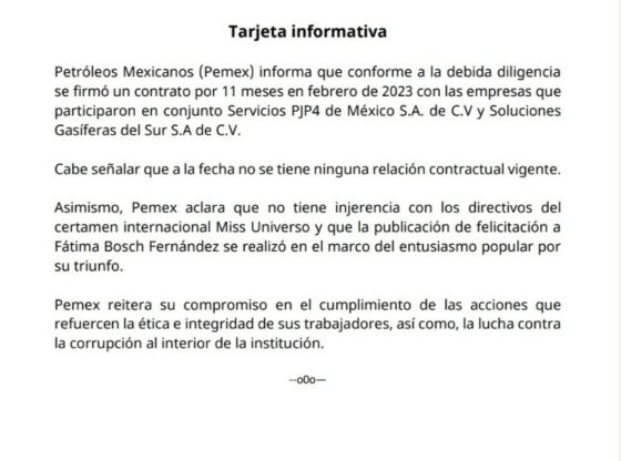 The state oil company stated that it does not have any current contractual relationship with Servicios PJP4 de México SA de CV and Soluciones Gasificadores del Sur SA de CV SPECIAL