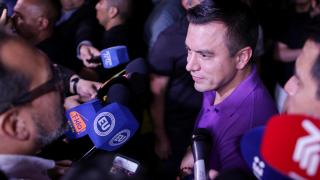 Ecuador's president and re-election candidate Daniel Noboa speaks to the media as the electoral council says he has won the presidential election, in Santa Elena, Ecuador April 13, 2025.