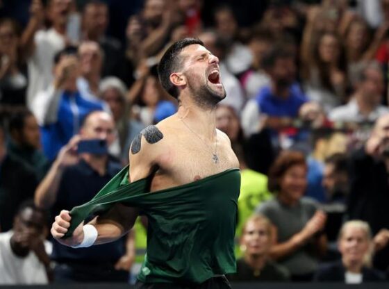 Novak Djokovic of Serbia reacts after winning the ATP 250 tennis tournament final match against Lorenzo Musetti of Italy, in Athens, Greece, November 8, 2025.