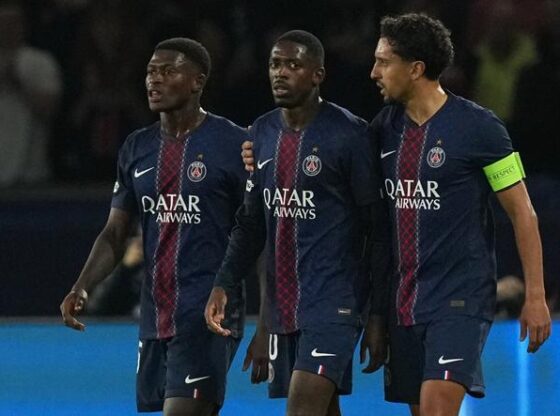 PSG's Nuno Mendes, from left, Ousmane Dembélé and Marquinhos during the Champions League opening phase soccer match between Paris Saint-Germain and Bayern Munich in Paris, France, on November 4, 2025.