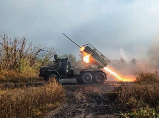 In this image made from video provided by Russian Defense Ministry Press Service on Friday, Nov. 7, 2025, a Russian "Grad" self-propelled 122 mm multiple rocket launcher fires towards Ukrainian positions on an undisclosed location in Ukraine. (Russian Defense Ministry Press Service via AP)