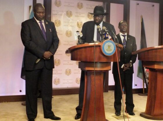 In this photo dated Friday July 8 2016, South Sudan Riek Machar, left. Salva Kiir, South Sudan President, and James Wani Igga, Vice president during a press conference at Presidential palace in Juba, South Sudan, after fighting started erupted when a group of unidentified soldiers tried to enter the palace. Heavy explosions are shaking South Sudan's capital Juba Monday July 11, 2016 as clashes between government and opposition forces entered their fifth day, witnesses say, seeming to push the country back toward civil war. (AP Photo/Samir Bo)