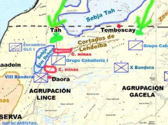 Scheme of the military deployment before the Green March in November 1975. In red, the minefields.