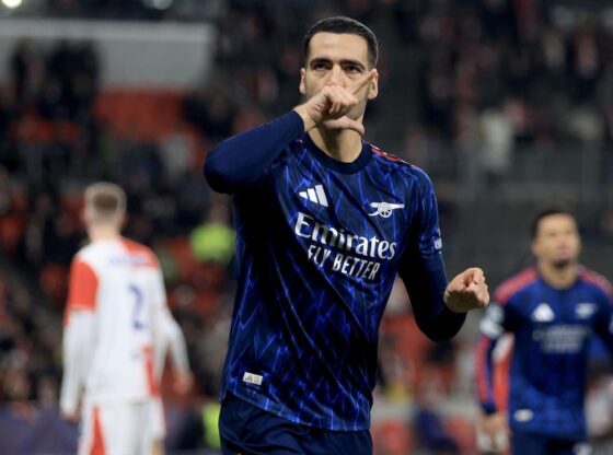 Arsenal player Mikel Merino celebrates 0-2 during the UEFA Champions League match between SK Slavia Praha and Arsenal FC, in Prague, Czech Republic