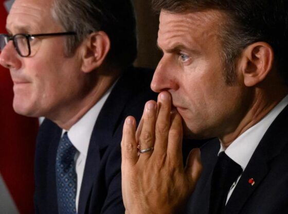 British Prime Minister Keir Starmer and French President Emmanuel Macron hold a Coalition of the Willing meeting during a joint military visit to Northwood Headquarters on July 10, 2025 in London, England.