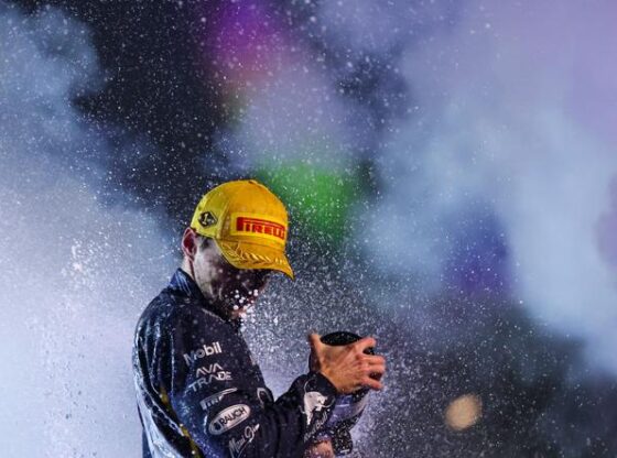 Race winner Max Verstappen of the Netherlands and Oracle Red Bull Racing celebrates on track during the F1 Grand Prix of Las Vegas at Las Vegas Strip Circuit on November 22, 2025, in Las Vegas, Nevada.