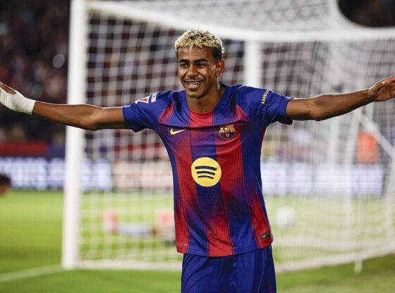 Lamine Yamal celebrates Barcelona's second goal against Real Sociedad