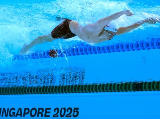 Léon Marchand during the final of the 400 m individual medley at the World Championships in Singapore, August 3, 2025.