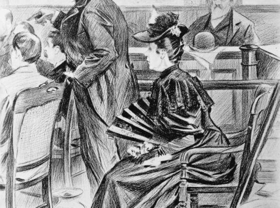 *****داخلية**** A courtroom scene with Lizzie Borden and her lawyer, George Robinson.