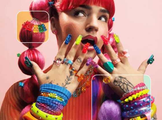 Woman with hairstyle and accessories inspired by colorful gummies, three-dimensional nails and elastic jewelry, representing the Gimme Gummy trend of Pinterest Predicts 2026.
