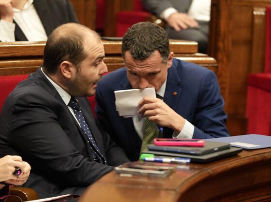 The Councilor of the Presidency, Albert Dalmau, with the Minister of Agriculture, Óscar Ordeig, this Wednesday in Parliament