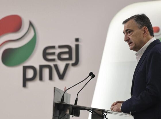 The president of the PNV, Aitor Esteban, during a press conference in Bilbao.