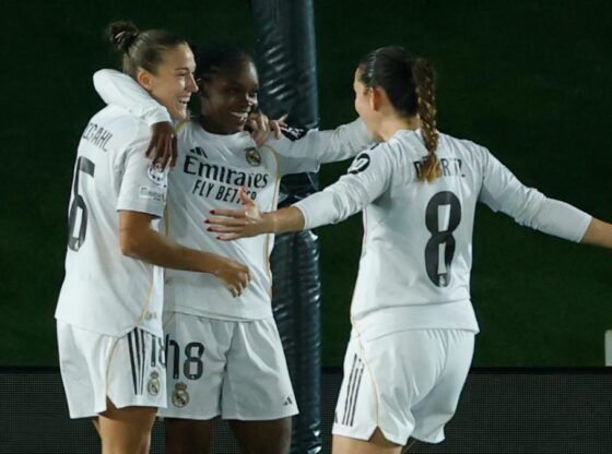 Real Madrid celebrates one of their goals against Wolfsburg in the Women's Champions League